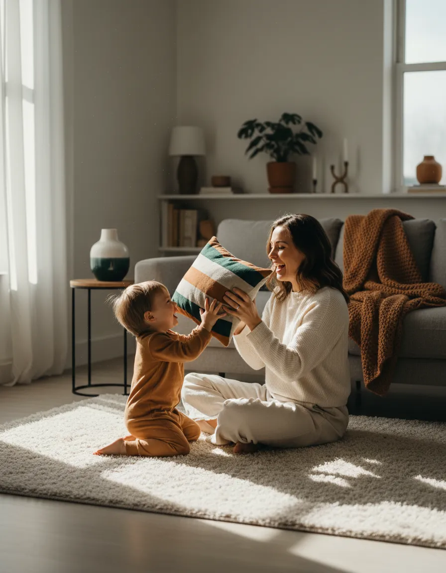 Mother smiling, experiencing lower financial stress