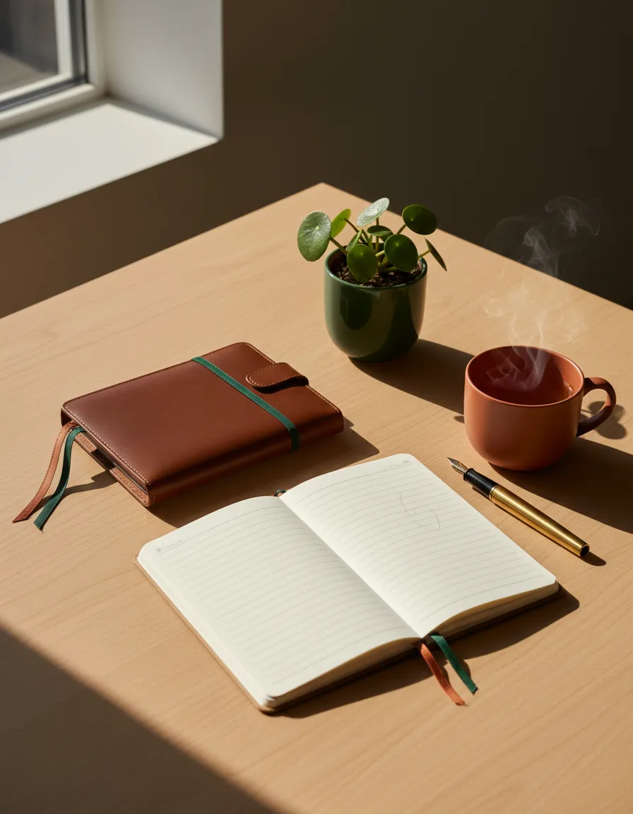 Warm lifestyle photo of a planner and notebook on a wooden desk, symbolizing financial clarity