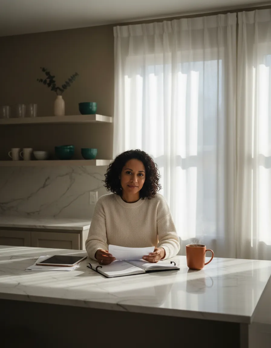 A mother and child in a sunlit living room, representing financial peace of mind