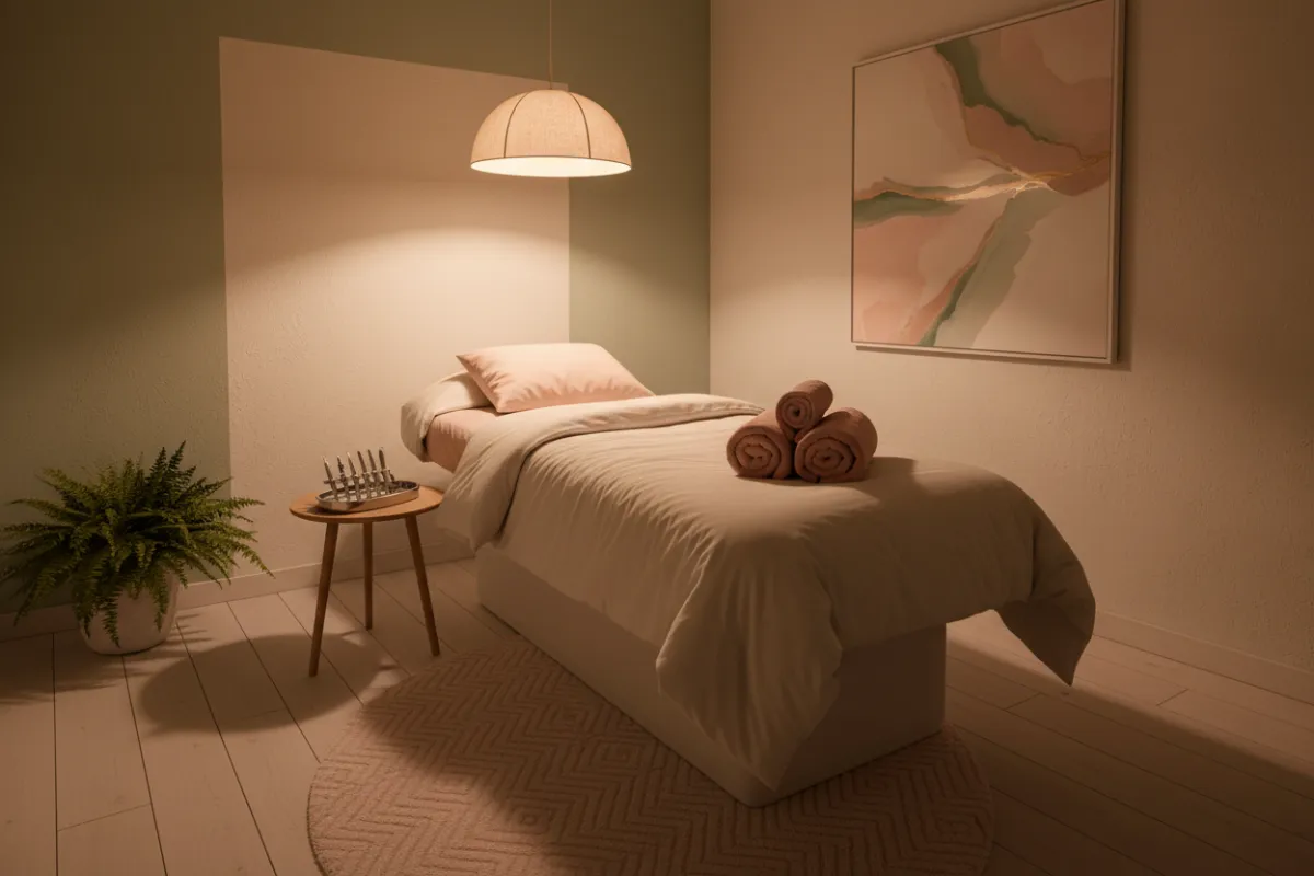 Interior treatment room styled in blush, cream and sage tones: plush treatment bed with folded towels, soft overhead lamp, and a small tray of sterilized tools. Clean, private and cozy mood to convey safe, one-on-one care.