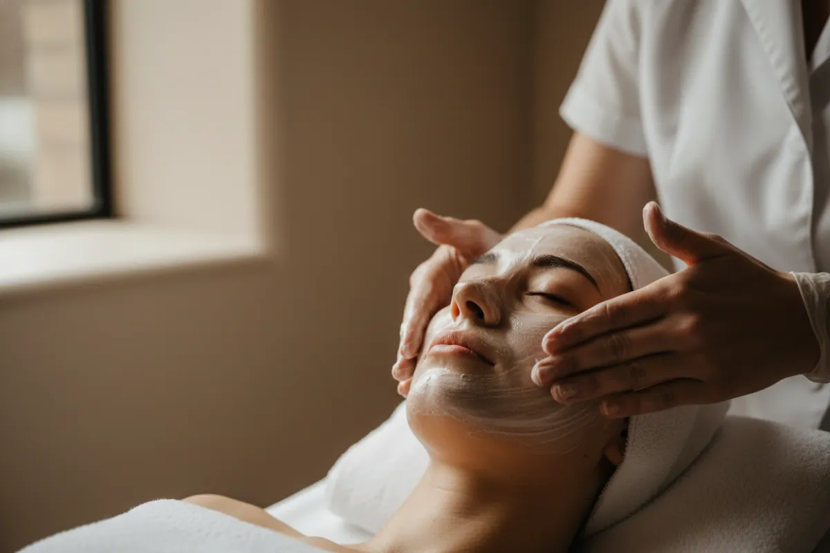Warm, inviting spa reception vignette at golden hour: soft blush and cream tones, warm filtered light, plush towel stack and a vase of pale sage eucalyptus on a clean wooden counter. Photorealistic, calm and private atmosphere for a boutique home spa.