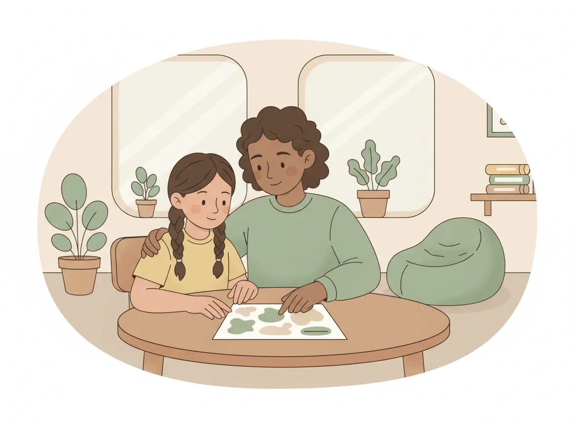 Illustration of a calm adult supporting a child to name their feelings and survival signals
