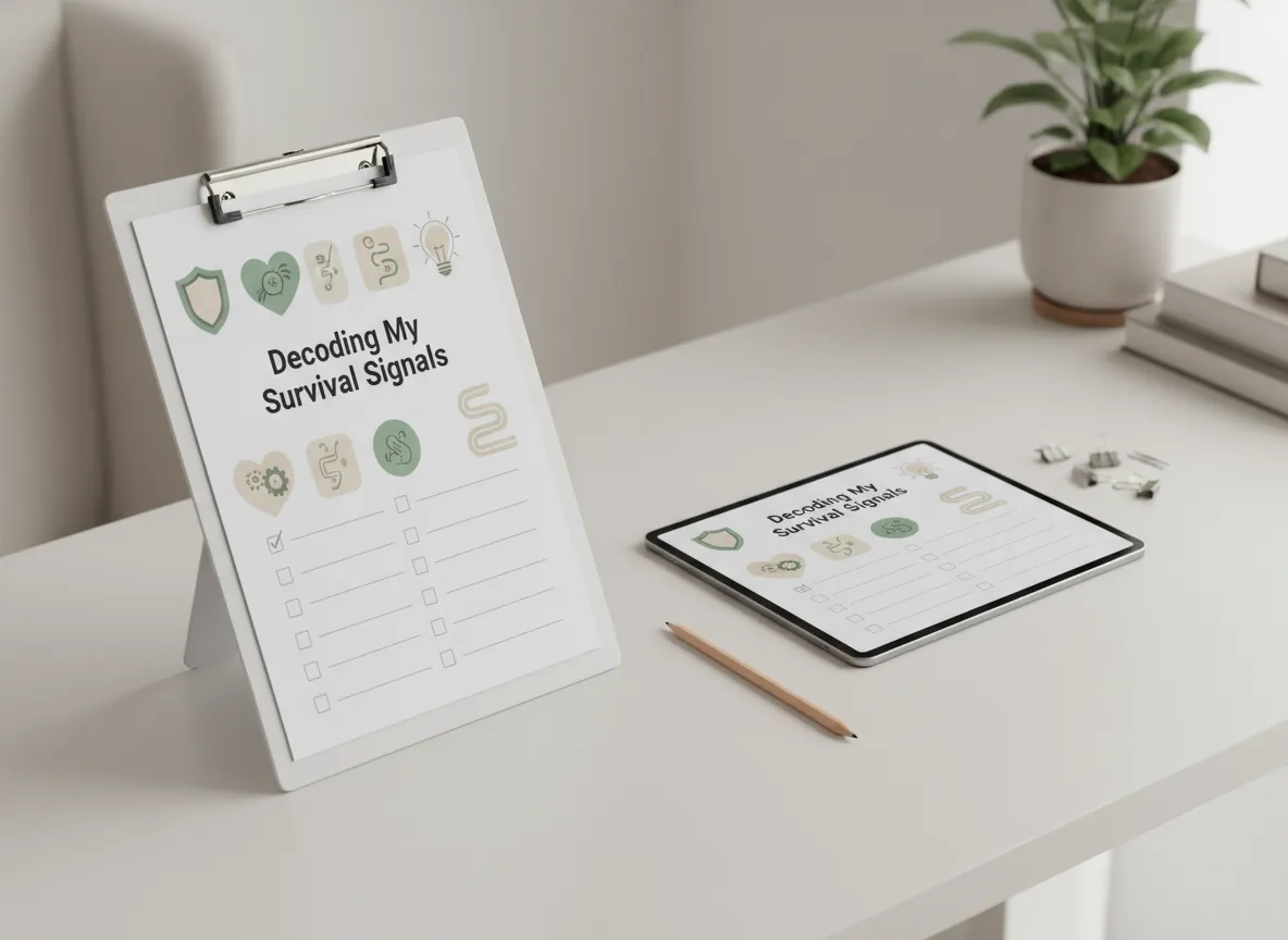 Mockup of the Decoding My Survival Signals PDF pages on a clipboard and tablet