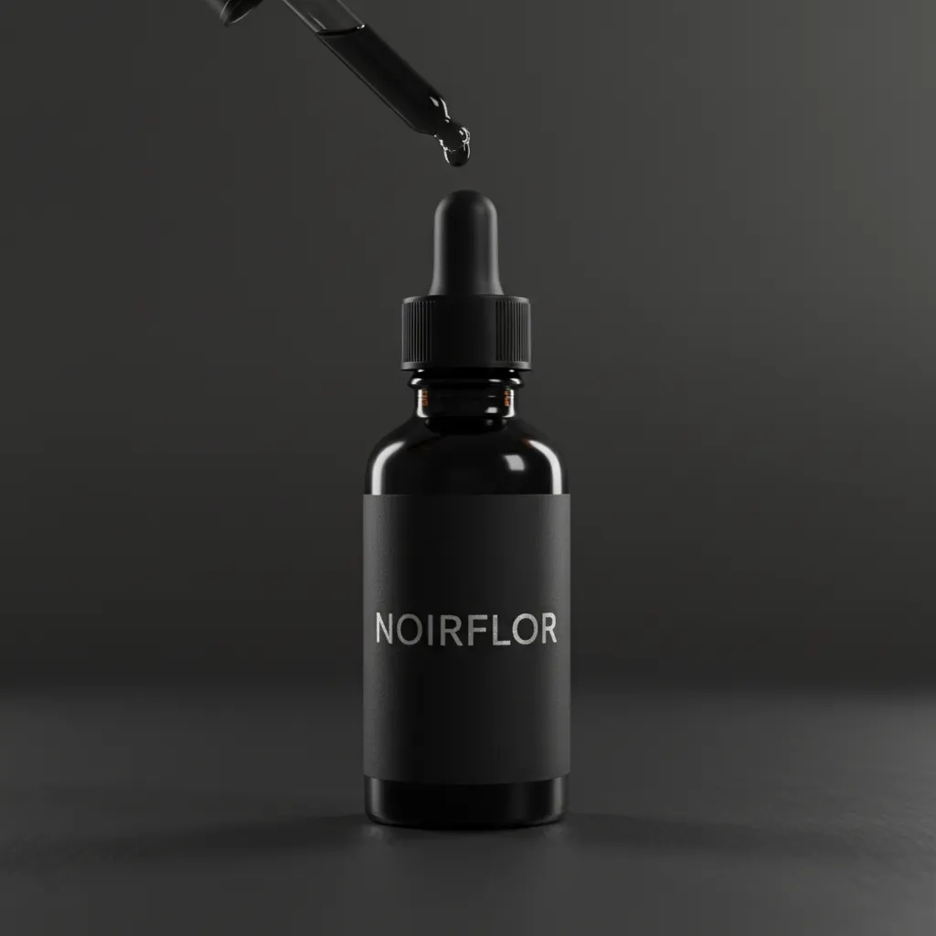 Sérum NOIRFLOR en flacon goutte à goutte, rendu produit centré