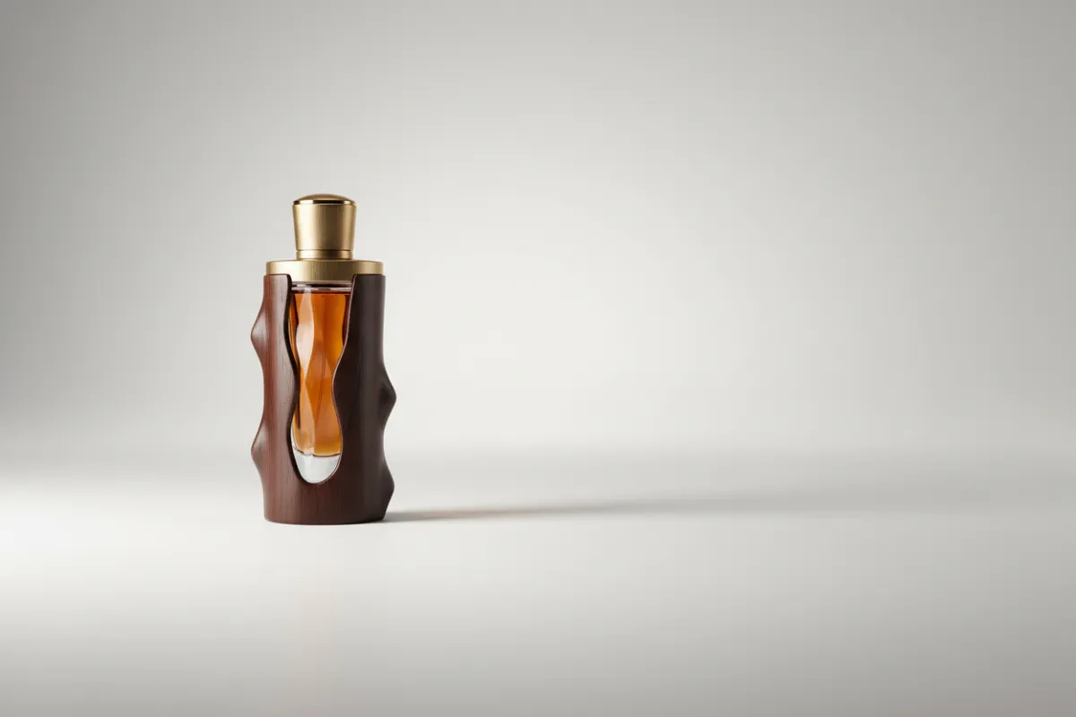 Flacon collector Bois Noble sur fond neutre, composition paysage, rendu studio