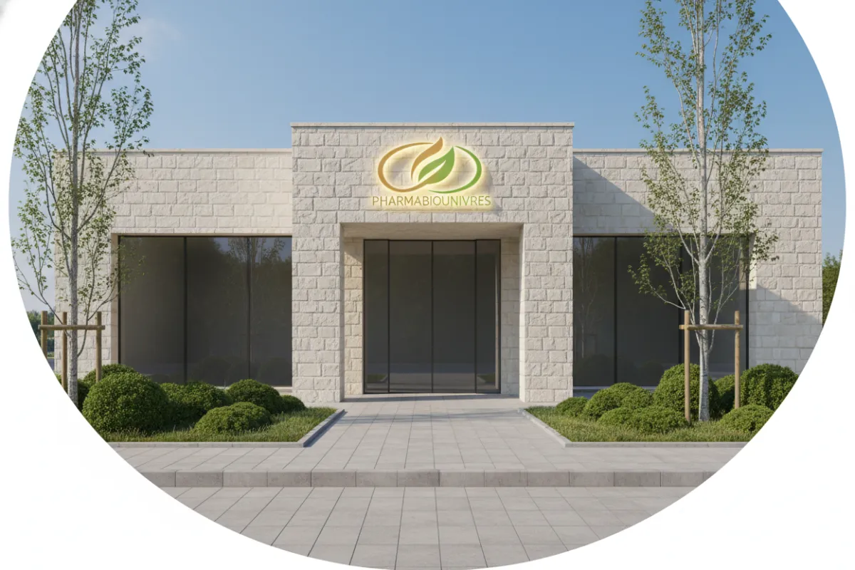 Photo extérieure boutique, façade et enseigne 'Pharmabiounivres', cadrage paysage isolé pour vignette local.