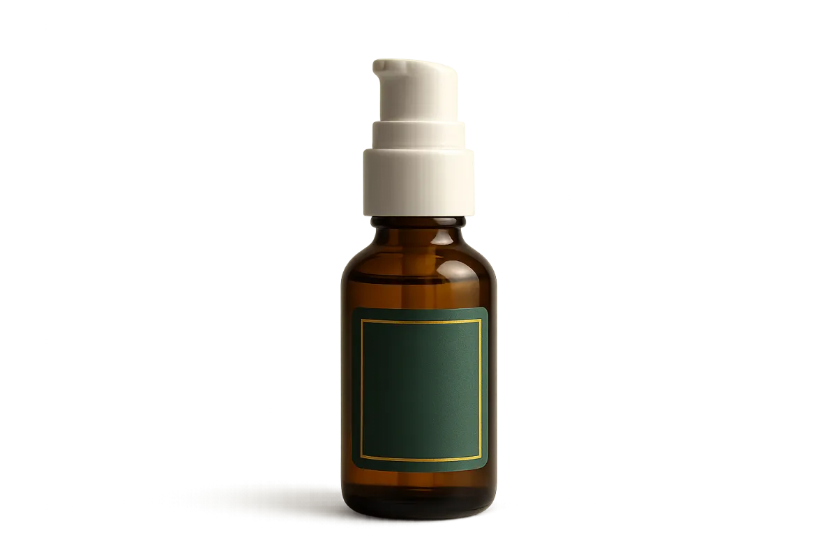 Flacon isolé du sérum Clinia, bouteille en verre ambre, pompe blanche, étiquette verte et or, fond transparent, rendu photoréaliste.