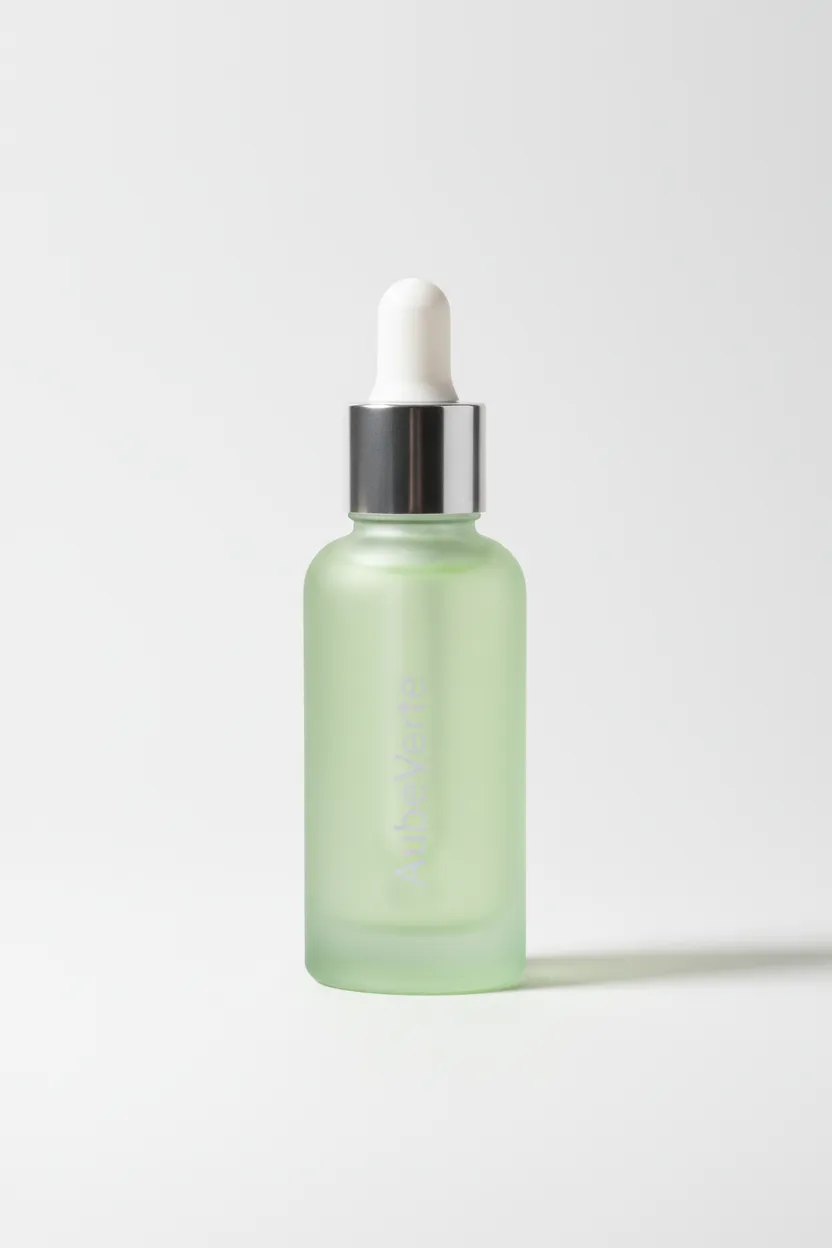 Portrait produit éditorial : flacon sérum 'AubeVerte' isolé en vertical, cadrage portrait pour encart éditorial, rendu studio sans fond.