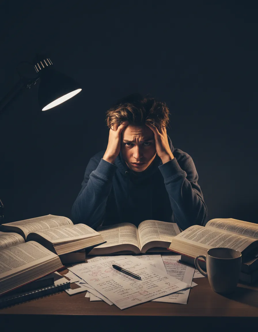 Student looking stressed at a desk before Grade Boost Academy