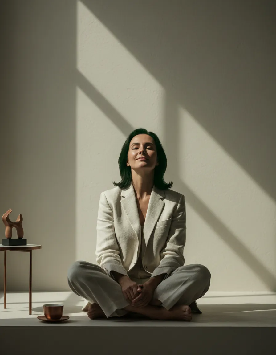 A modern professional experiencing mental fatigue and seeking restoration
