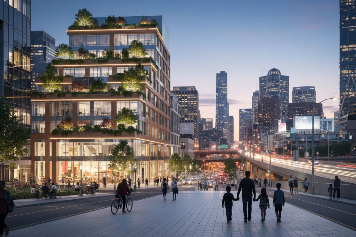 A cityscape at dusk featuring a newly developed mixed-use building with green rooftop gardens. The foreground shows a family walking along a lively street, while the background includes city lights and modern architecture, symbolizing successful urban renewal and community vibrancy.