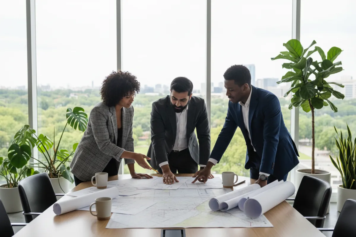 Three professionals—a woman and two men of different ethnicities—gather around a table with land maps, blueprints, and coffee mugs. The setting is a modern office with large windows and greenery outside, conveying collaboration, expertise, and a welcoming, forward-thinking atmosphere.
