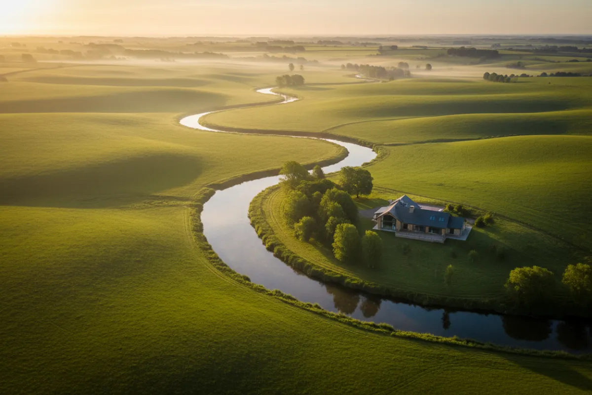 Aerial view of a sunrise over rolling green fields, a winding river, and a single modern farmhouse, with golden light illuminating the landscape. The scene conveys opportunity, tranquility, and the promise of new beginnings.