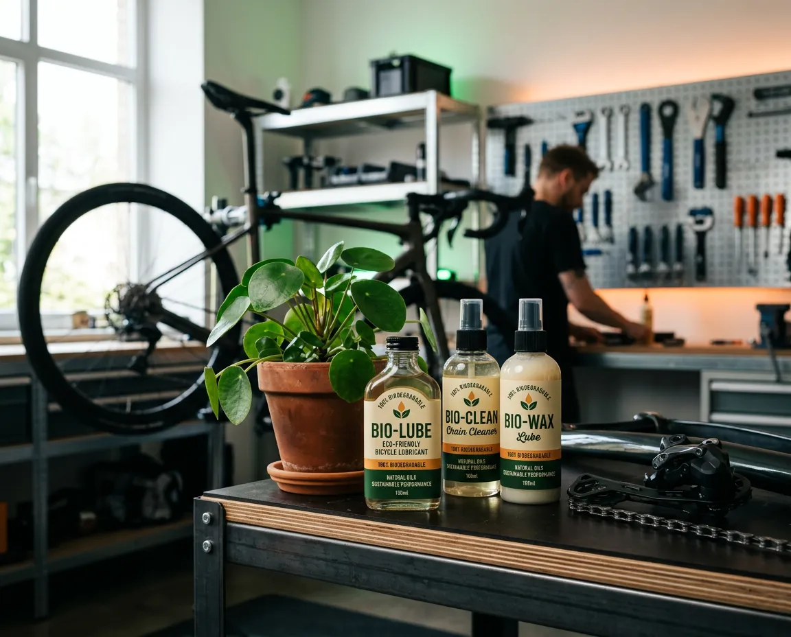 Taller de bicicletas aplicando lubricante biodegradable certificado
