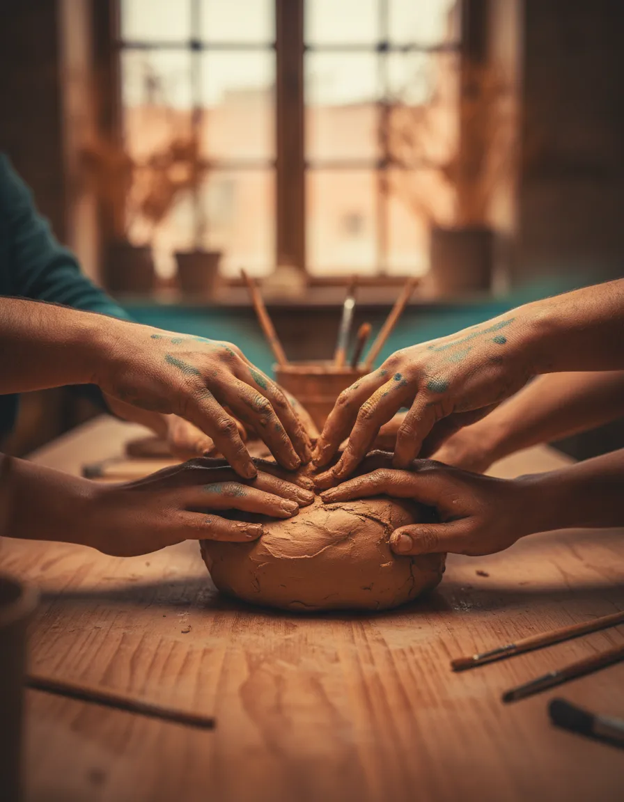 Unpolished, authentic photograph of hands molding clay in a creative art therapy session