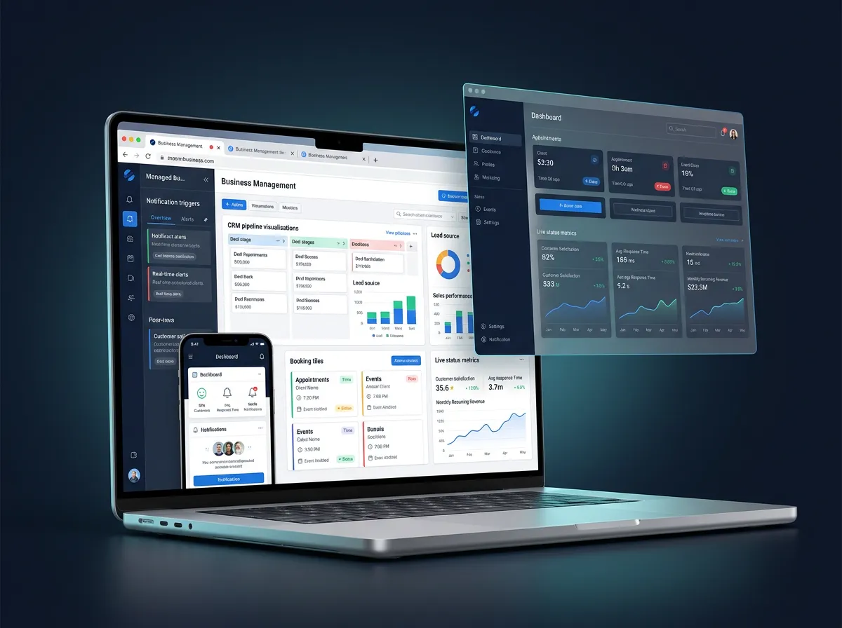 Configuration Dashboard Visual showing managed CRM pipelines, automated notification triggers, and live status metrics in a clean UI window