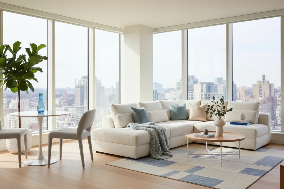 Modern apartment interior with large windows and comfortable seating