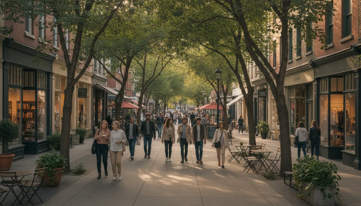 Aerial view of a walkable city neighborhood near the apartments