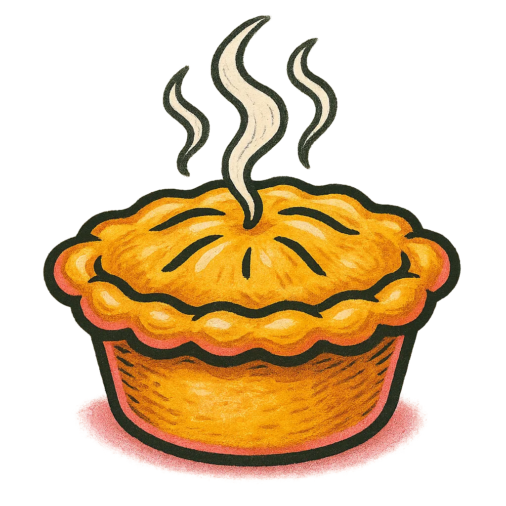 Illustrated Individual Hand-Crafted Pot Pie with steam swirl