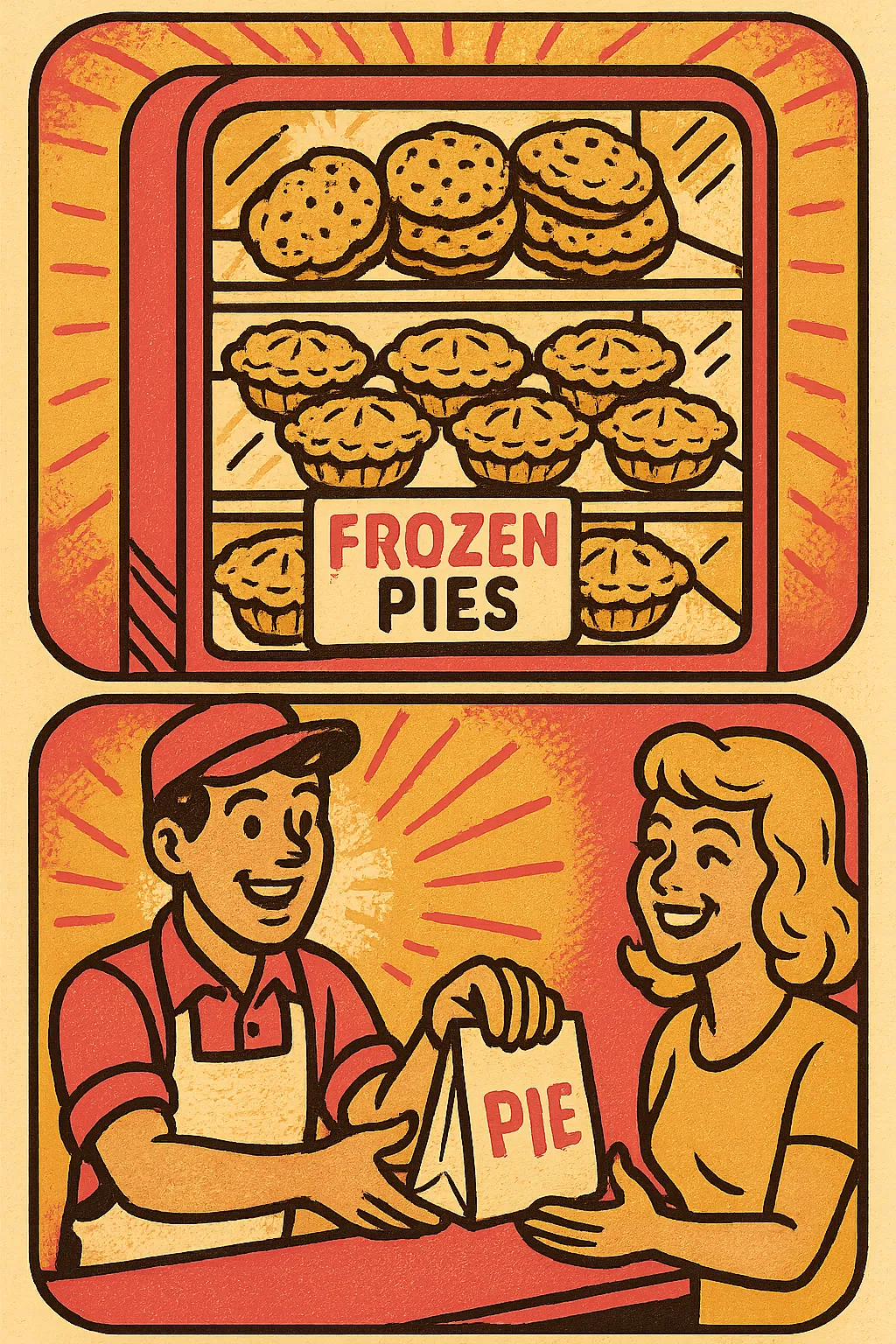 Hand-drawn illustration of a bustling cafe counter serving baked Phat pies and cookies