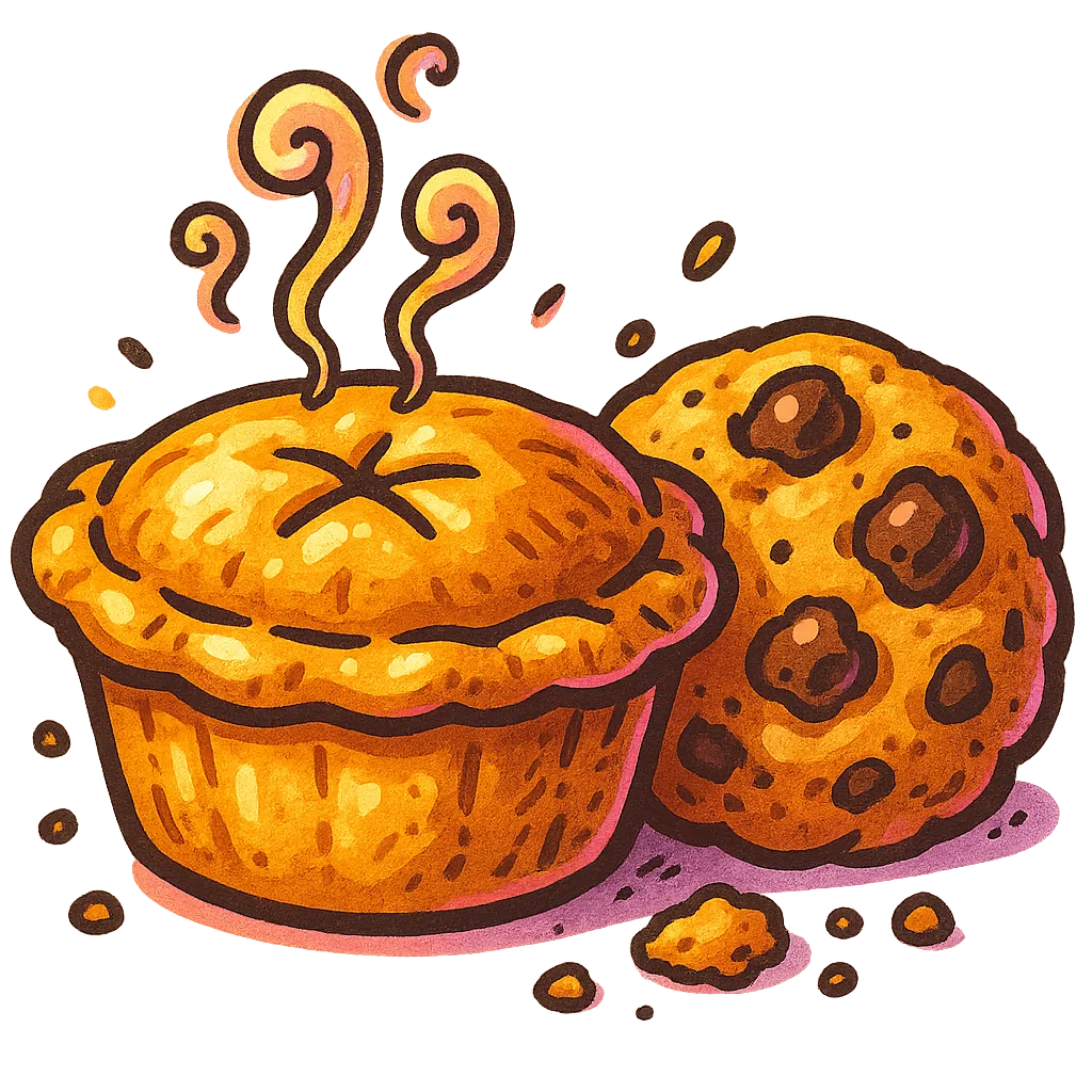 Giant steaming baked pie and thick chunky chocolate cookie illustration with aroma swirls