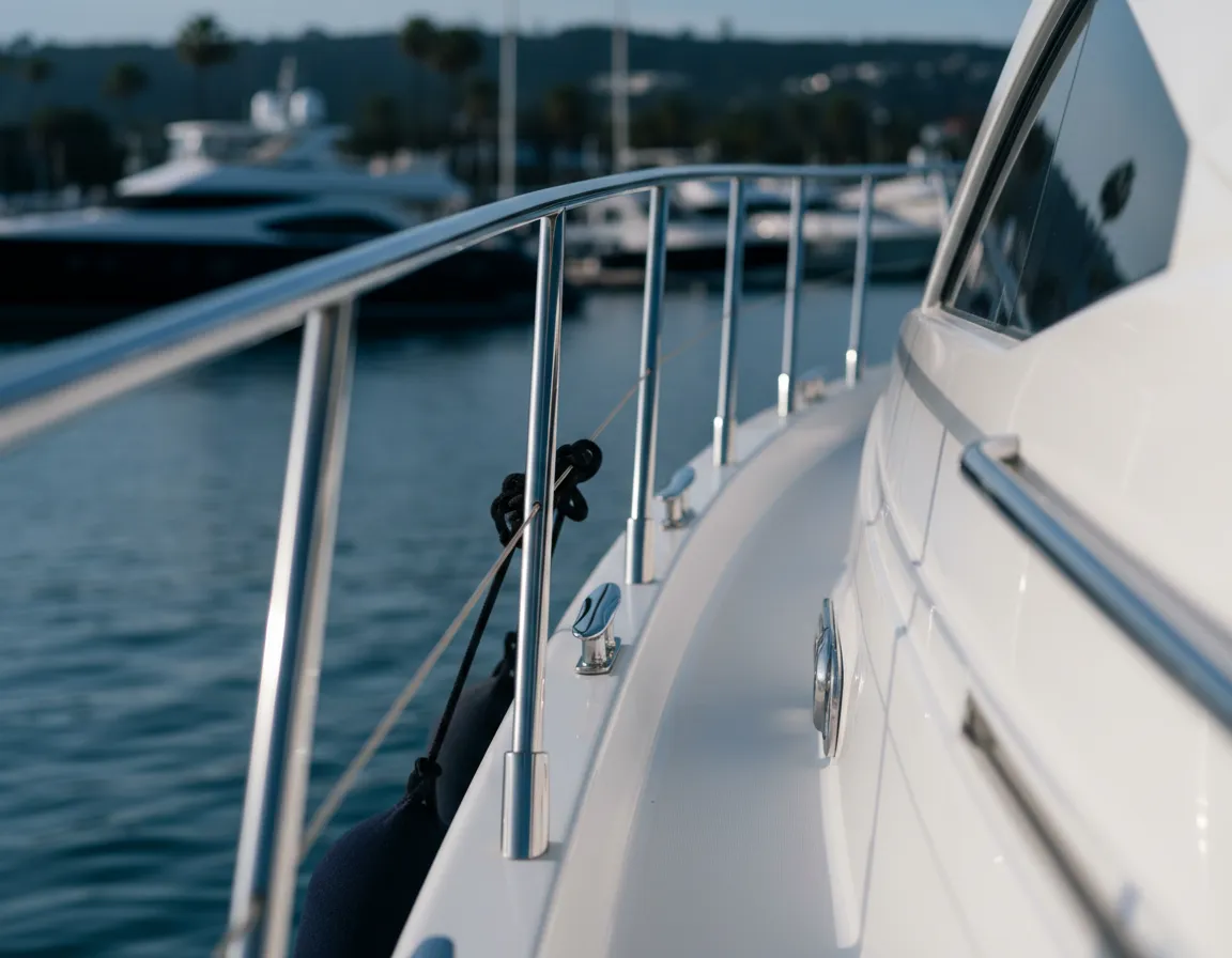 Polished stainless rails and hardware on a boat