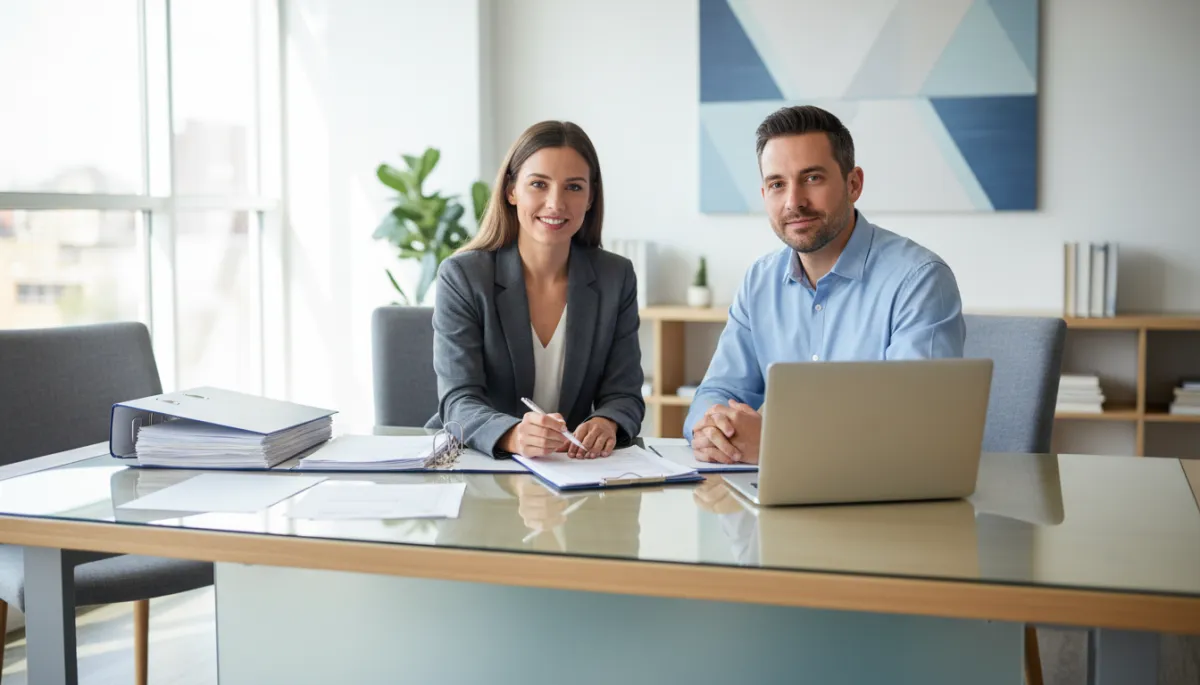 Tax professional reviewing documents with client