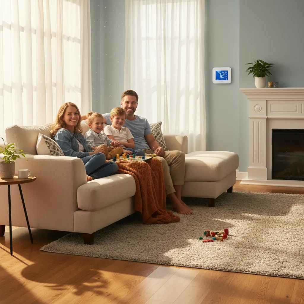 A smiling family of four relaxes together in a sunlit living room, with a visible thermostat on the wall. The scene radiates warmth and comfort, highlighting the positive impact of reliable HVAC services.