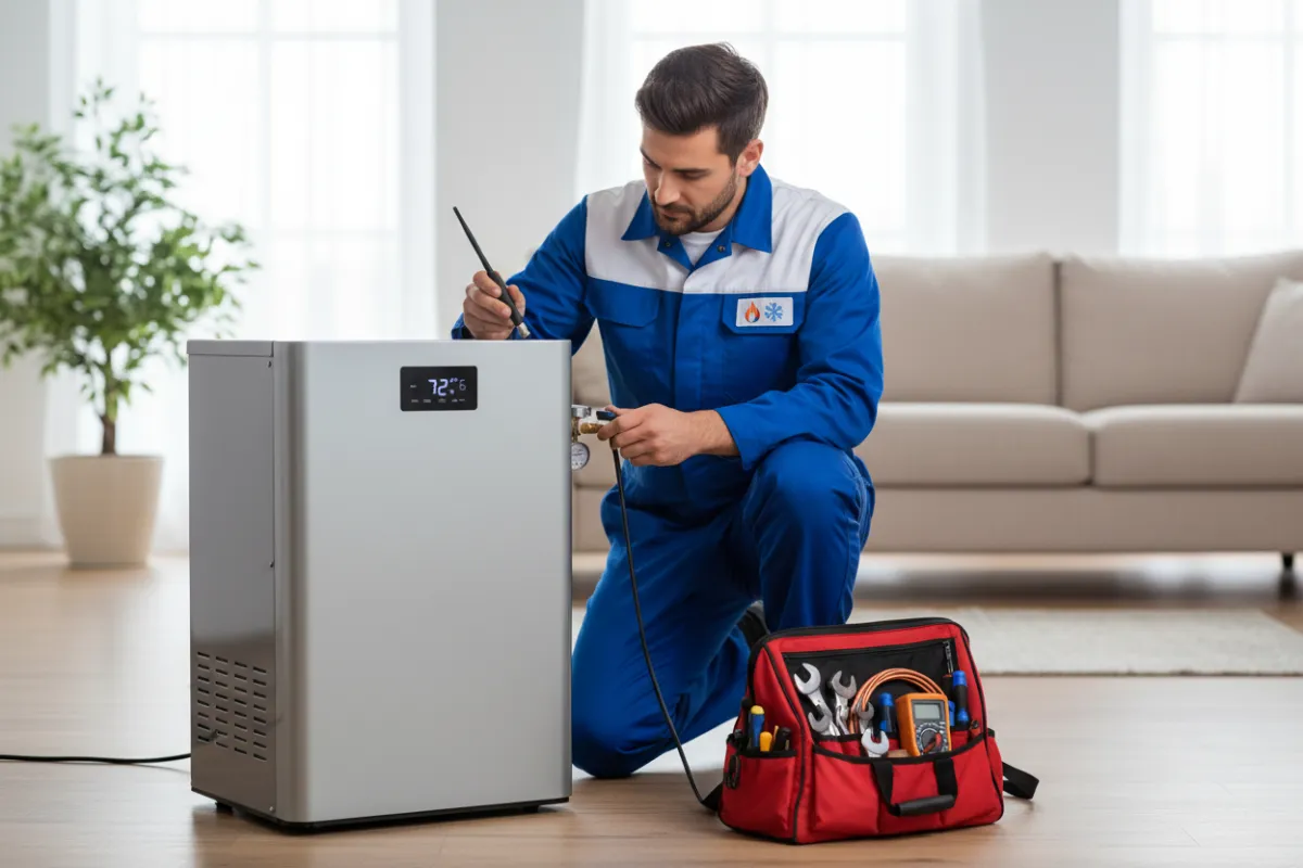 A professional HVAC technician in branded uniform inspects a modern home heating and cooling unit, with tools neatly arranged nearby. The background shows a bright, well-kept residential interior, conveying trust and expertise.