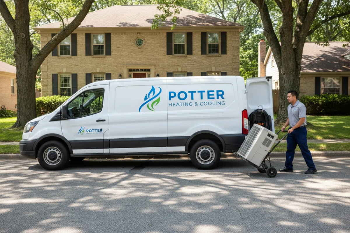 A branded Potter Heating & Cooling service van parked in front of a suburban home, with a technician preparing equipment. The setting is a leafy residential street, emphasizing local presence and readiness to serve.