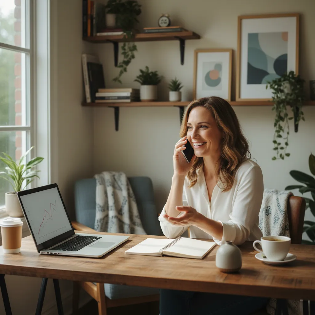A small business owner in a cozy workspace, speaking on the phone and smiling, with a laptop and notepad on the desk, conveying approachability and readiness to help.