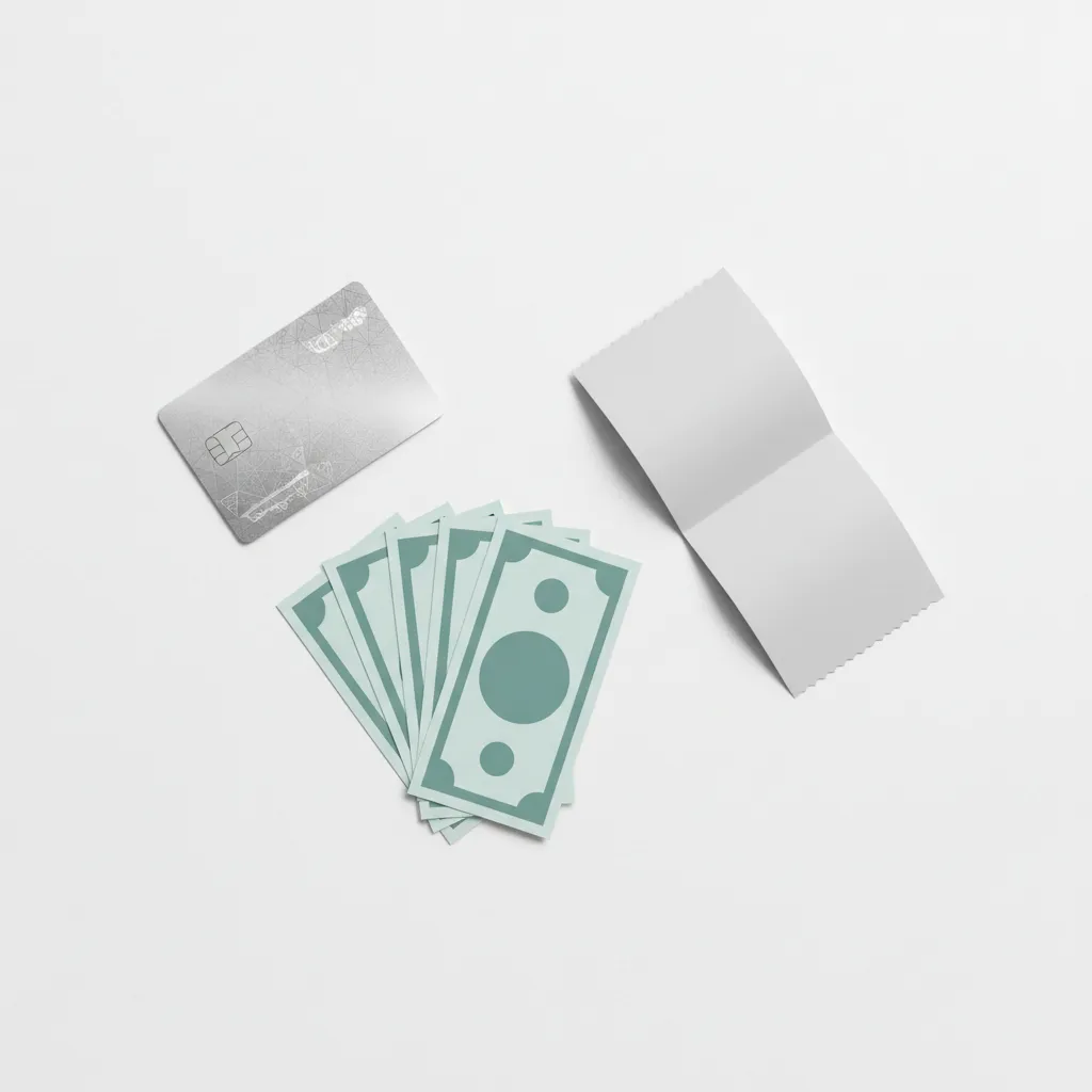 Tarjeta de crédito, efectivo y recibo sobre fondo claro, elementos organizados, estilo moderno, composición 1:1, sin personas, colores fríos.