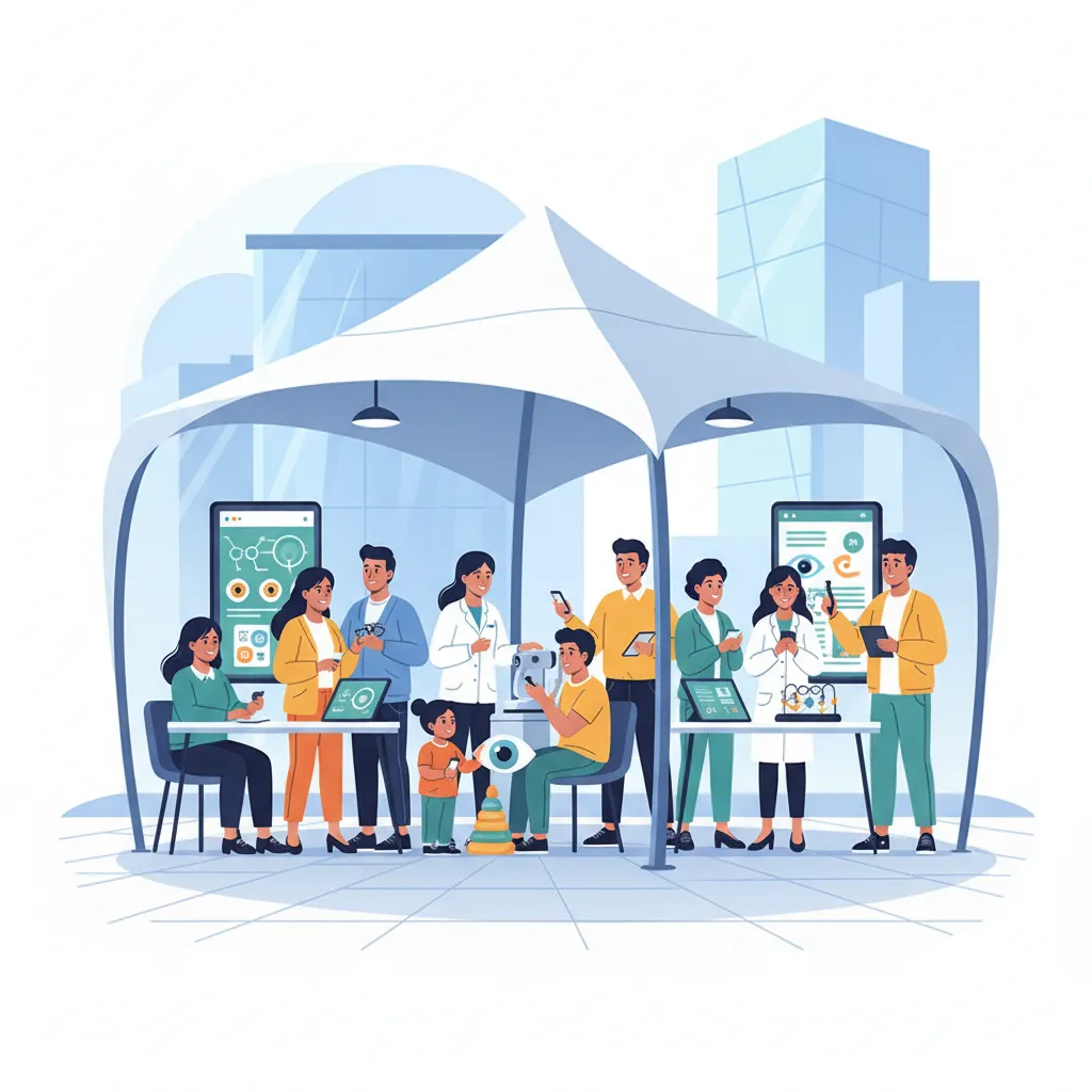 Grupo de personas participando en campaña de salud visual, ambiente comunitario, carpa informativa, estilo moderno, composición 1:1, hispanos, fondo urbano desenfocado.