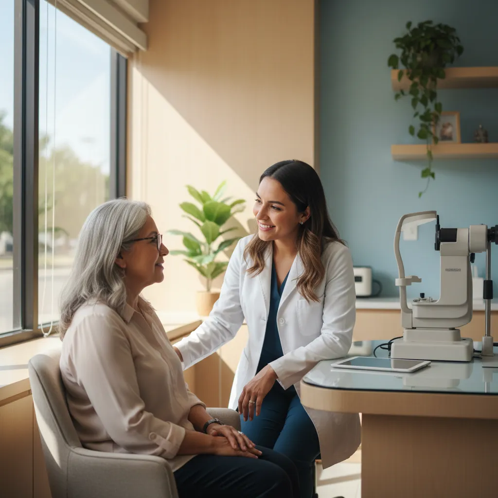 Optometrista conversando amablemente con paciente mayor, ambiente cálido, consultorio moderno, luz natural, estilo limpio, composición 1:1, enfoque en interacción humana, hispanos.