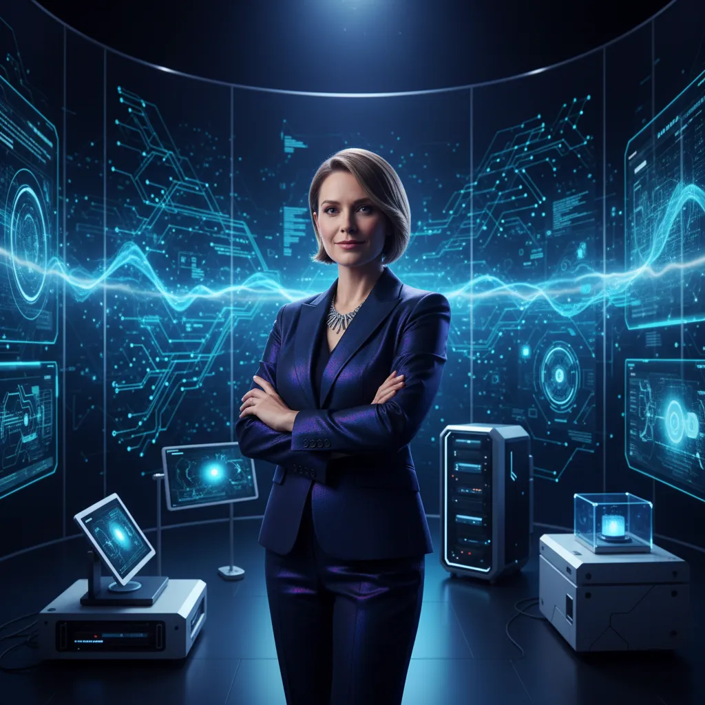 Directora de tecnología en oficina digital, sector tecnológico, fondo con pantallas, estilo contemporáneo, composición limpia, luz azulada