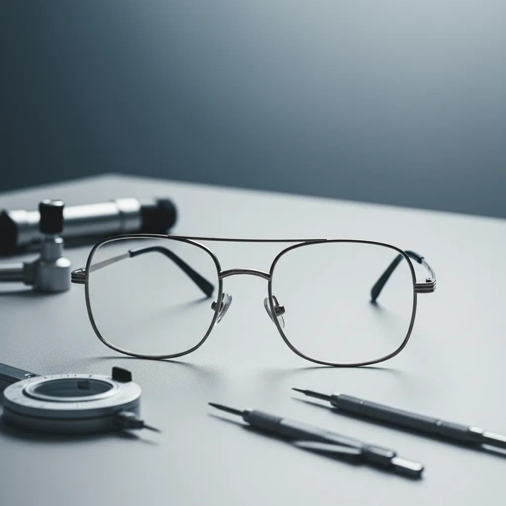 Lentes de alta graduación sobre mesa de trabajo, fondo neutro, herramientas ópticas, ambiente profesional, estilo moderno, composición 1:1, sin personas, colores fríos
