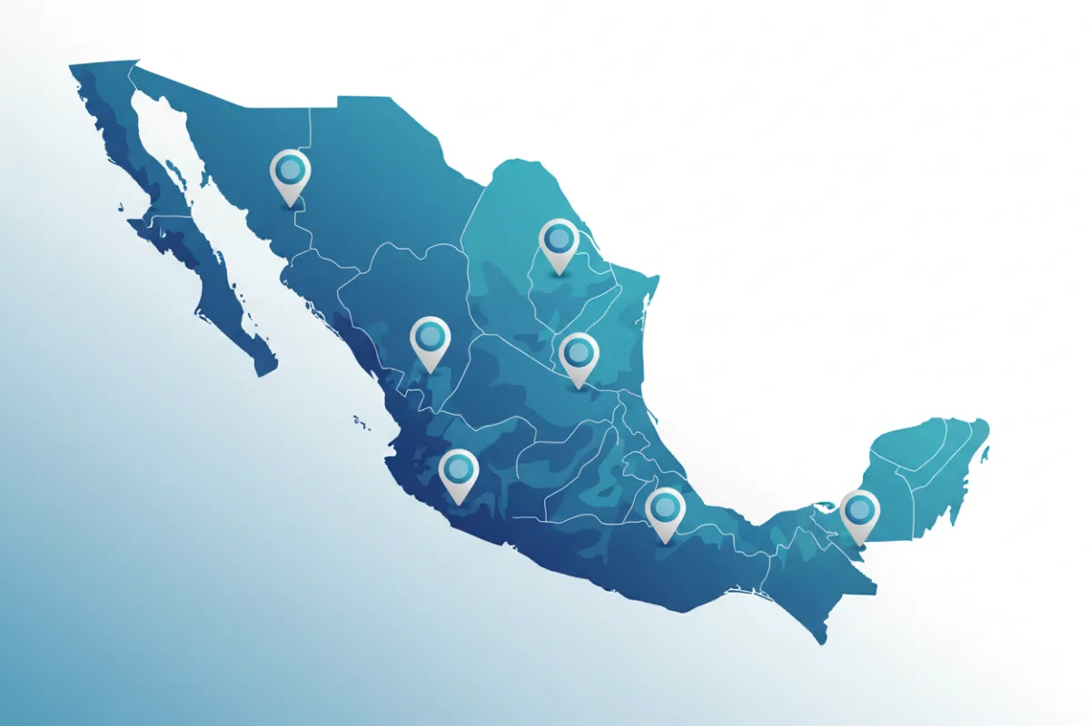 Mapa estilizado de Veracruz y Guerrero con ubicaciones de sucursales marcadas, colores fríos, estilo moderno, composición 3:2, sin personas, fondo blanco.