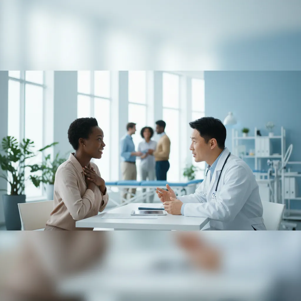 Médico y paciente en clínica moderna, sector salud, ambiente luminoso, estilo documental, composición horizontal, diversidad étnica