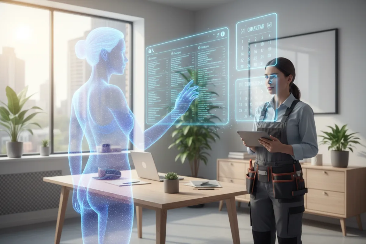 A confident female AI assistant, holographic interface, assisting a tradesperson in a bright, modern home office. The scene features digital call logs and a calendar, with natural daylight and a clean, professional atmosphere.