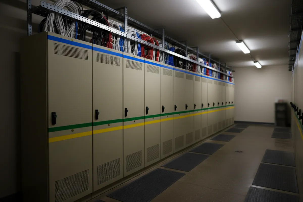 Sala elétrica de condomínio com painéis identificados e cabeamento organizado, mostrando gestão profissional.