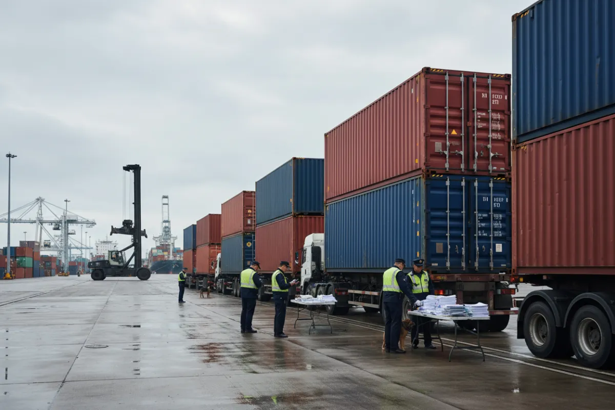 Customs officers inspecting shipping containers and paperwork at a busy commercial port.