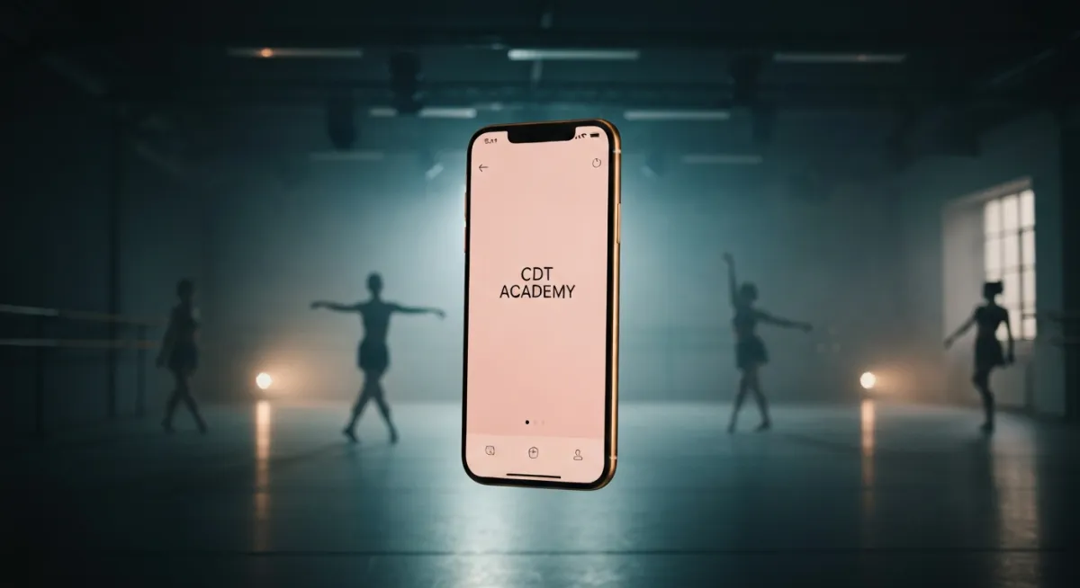 App interface on a mobile device in an atmospheric dance studio setting