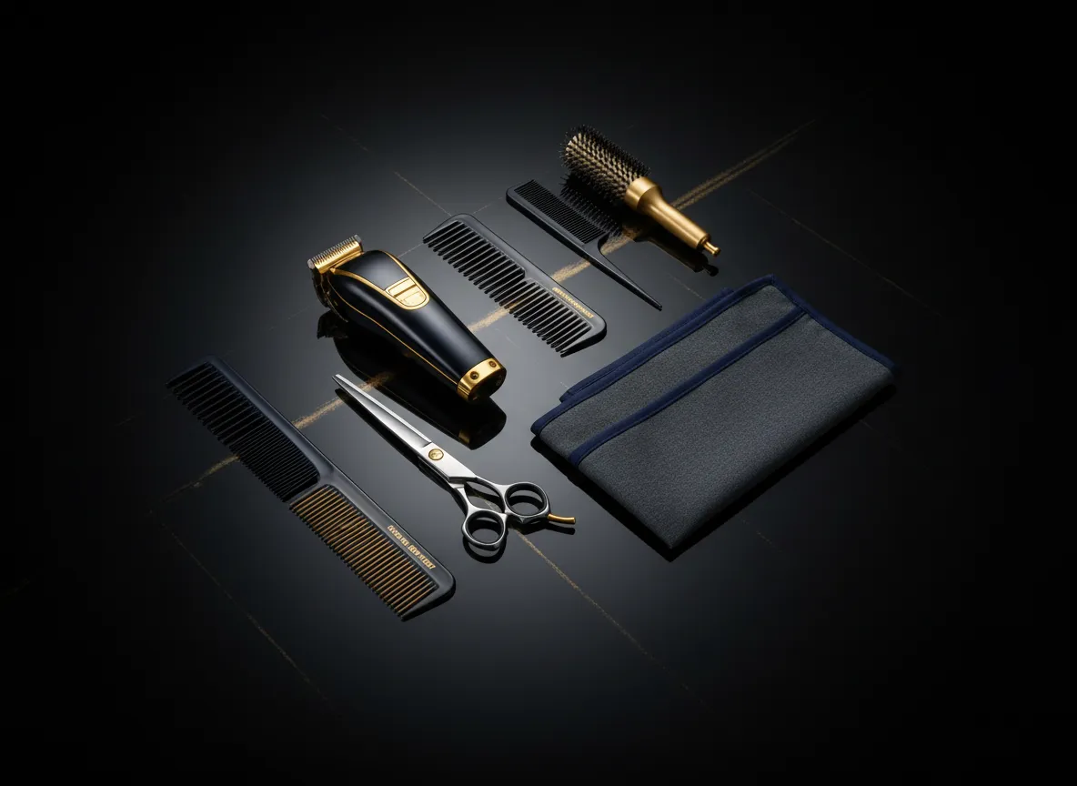 Illustration of premium barber tools, clippers, and scissors