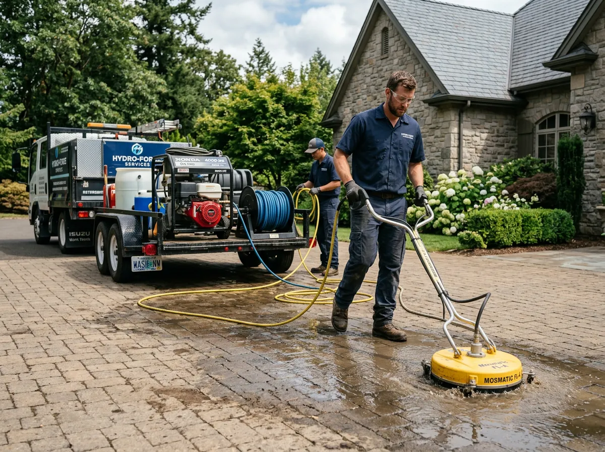 Real exterior cleaning crew using heavy-duty commercial pressure washing equipment on a residential driveway