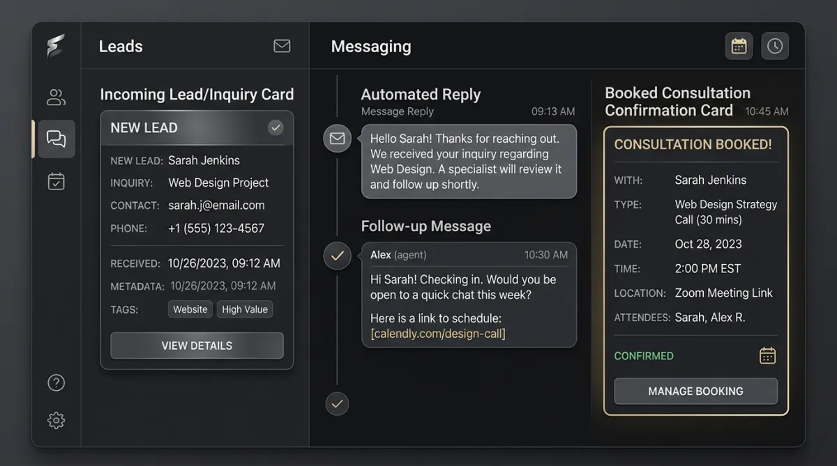 Lead messaging workflow: incoming inquiry → automatic reply → follow-up → booked consultation confirmation