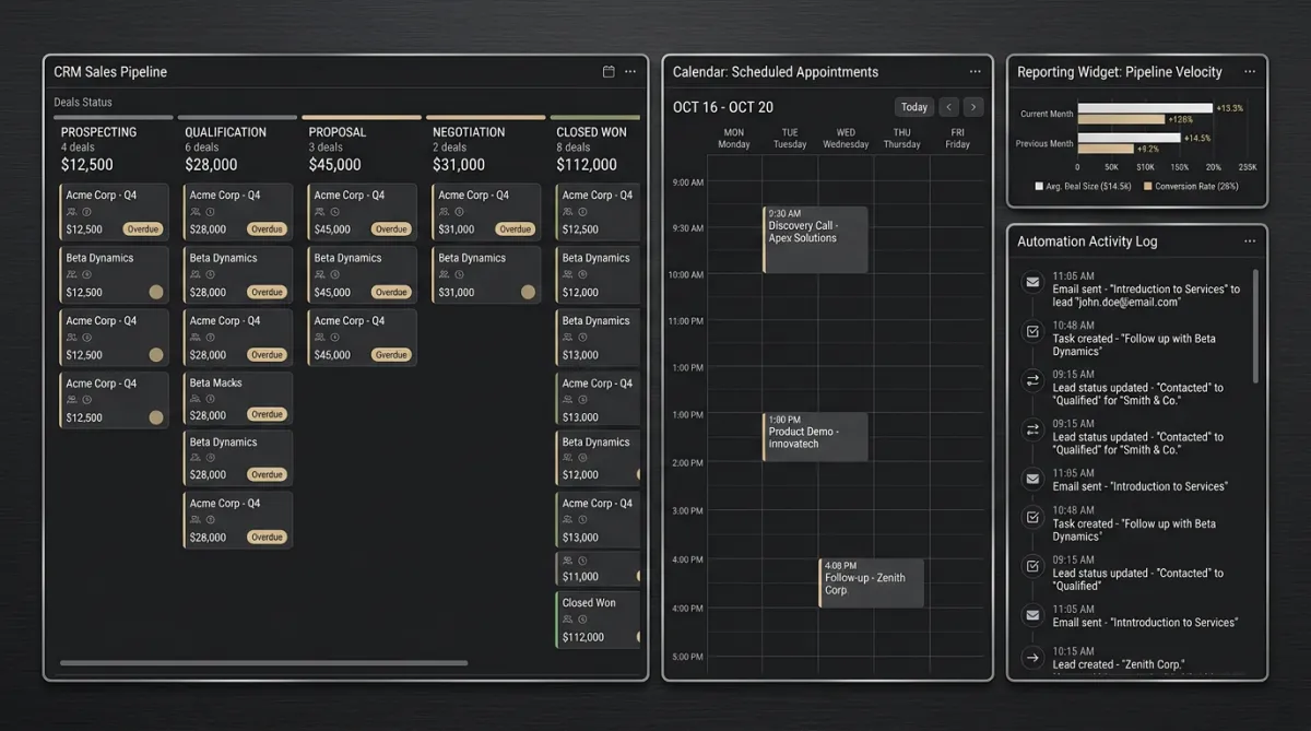 Dark-mode CRM dashboard with pipeline, calendar appointments, automation activity log, and reporting widget