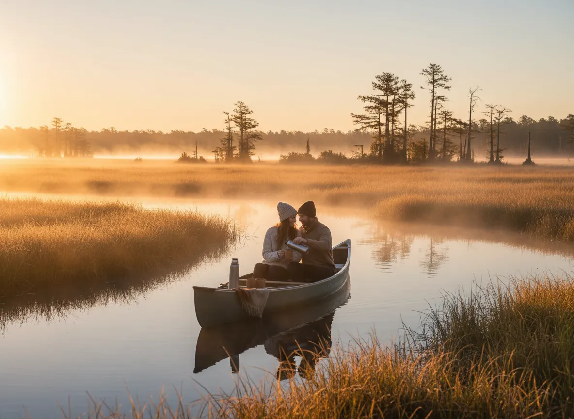 Sunrise canoe tour on a calm local river