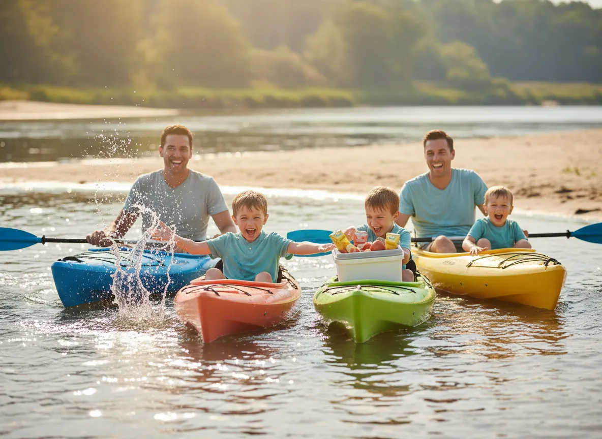 Family kayaking with kids laughing and splashing
