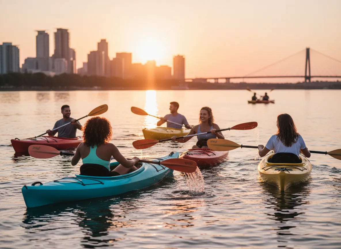 Group of friends kayaking at golden hour near the city