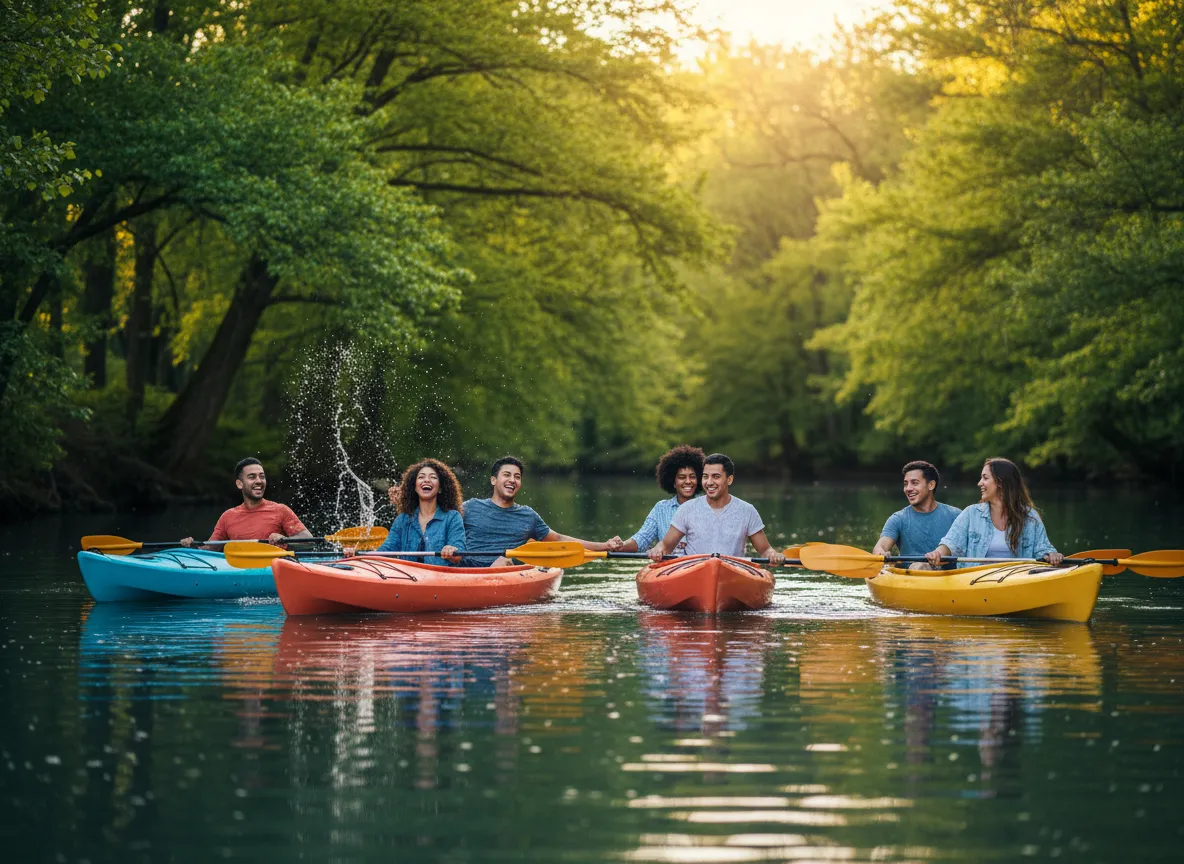 Friends laughing in brightly colored kayaks on a calm local river